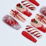 Elegant Long Coffin Press-On Nail, Yuletide Bliss with White Snow, Sparkling Gems, Red French Tip, Perfect for Christmas Day or Gift for Her - Image 5