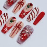 Elegant Long Coffin Press-On Nail, Yuletide Bliss with White Snow, Sparkling Gems, Red French Tip, Perfect for Christmas Day or Gift for Her - Image 2