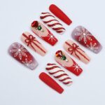 Elegant Long Coffin Press-On Nail, Yuletide Bliss with White Snow, Sparkling Gems, Red French Tip, Perfect for Christmas Day or Gift for Her - Image 3