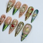 Elevate Holiday Glam Long Stiletto PressOn Nail in Chrome Aurora Green with Angel Design, Perfect Gift for Christmas or Special Occasion - Image 3