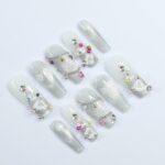Elegant White Long Coffin Press-On Nails with Silver Chrome, Glitter & Gems - Perfect for Christmas Day or Gift for Her - Image 2