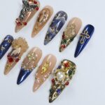 Stunning Long Almond Press-On Nails - 3D Gel Design Featuring Angel, Virgin Mary in Blue & Gold – Perfect for Christmas Day or Gift for Her - Image 4