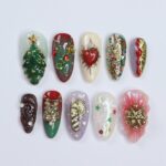 Unique Christmas Design Medium Almond Press On Nails - Luxurious Red & Green Holiday Nail Art , Gift for Her