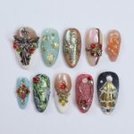 Unique Christmas Design Almond Press On Nail - Luxurious XMas and Holiday Nail Art, 3D Gel Winter Nails Design