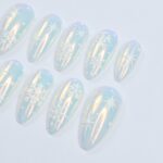 Chic Medium Almond Press-On Nails: Pearl Chrome & White Snow Design – Perfect for Christmas Day Glam or a Thoughtful Gift for Her - Image 2