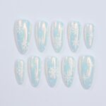 Chic Medium Almond Press-On Nails: Pearl Chrome & White Snow Design – Perfect for Christmas Day Glam or a Thoughtful Gift for Her