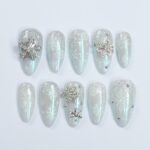 Elevate Your Holiday Spirit: Medium Almond Press-On Nails with White Crystal Snow – Perfect Sparkling Gift for Her This Christmas