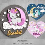 Unicorns Baby Name Sign SVG Bundle. Laser cut file for Glowforge. Clouds, moon, nursery decor