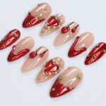 Festive Elegance: Dark Red Christmas Press-On Nails with Heart Designs & Golden Gems - Perfect Holiday Accessory or a Gift for Her - Image 4