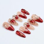 Festive Elegance: Dark Red Christmas Press-On Nails with Heart Designs & Golden Gems - Perfect Holiday Accessory or a Gift for Her - Image 3