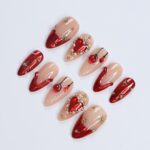 Festive Elegance: Dark Red Christmas Press-On Nails with Heart Designs & Golden Gems - Perfect Holiday Accessory or a Gift for Her - Image 5