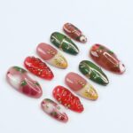 Freestyle Red & Green with Gold Chrome Long Coffin Press On Nails, Air Brush Fake Nails, Edgy Chrome Nails, Birthday Party Holiday Nail - Image 3