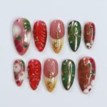 Freestyle Red & Green with Gold Chrome Long Coffin Press On Nails, Air Brush Fake Nails, Edgy Chrome Nails, Birthday Party Holiday Nail