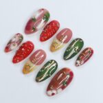 Freestyle Red & Green with Gold Chrome Long Coffin Press On Nails, Air Brush Fake Nails, Edgy Chrome Nails, Birthday Party Holiday Nail - Image 6