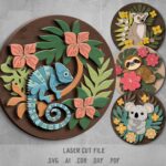Jungle Animals SVG Bundle. Laser cut file for Glowforge. Nature, chameleon, koala, sloth, lemur