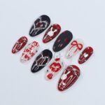 Valentine's Press-On Nail - Red, Black and White with Heart, Bunny & 3D Silver Detail in Medium Almond, Perfect gift for her or Valentine's - Image 4