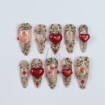 Romantic Valentine's Press-On Nail - Nude with Gold Swirls, 3D Red Heart & Angel Art - Elegant Medium Almond Gift for her or Valentine's Day