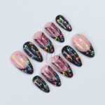 Neon Butterfly Press-On Nails - Black French Tip, Colorful Hearts, Glitter & Rainbow Details - Medium Almond, Perfect for Daily Wear or Gift - Image 4