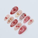 Valentine's Press-On Nails - Red, Nude with Hearts, Gold Accents and Romantic Design, Medium Almond, Perfect Gift for Her or Occasion - Image 4