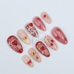 Valentine's Press-On Nails - Red, Nude with Hearts, Gold Accents and Romantic Design, Medium Almond, Perfect Gift for Her or Occasion - Image 3