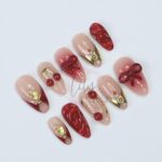 Elegant Cherry Press-On Nails - Red & Nude with 3D Bows, Gold Accents, Romantic Design - Medium Almond, Perfect Gift or Daily Nails - Image 2