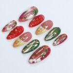 Freestyle Red & Green with Gold Chrome Long Coffin Press On Nails, Air Brush Fake Nails, Edgy Chrome Nails, Birthday Party Holiday Nail - Image 4