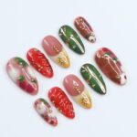 Freestyle Red & Green with Gold Chrome Long Coffin Press On Nails, Air Brush Fake Nails, Edgy Chrome Nails, Birthday Party Holiday Nail - Image 5