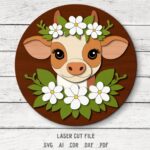 Cow SVG. Laser cut file for Glowforge. Farm animal, flowers
