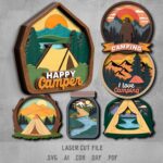 Camping SVG Bundle. Laser cut file for Glowforge. Nature, mountains, tent, river