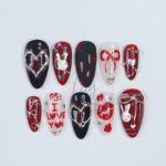 Valentine's Press-On Nail - Red, Black and White with Heart, Bunny & 3D Silver Detail in Medium Almond, Perfect gift for her or Valentine's