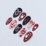 Valentine's Press-On Nail - Red, Black and White with Heart, Bunny & 3D Silver Detail in Medium Almond, Perfect gift for her or Valentine's - Image 2
