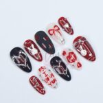 Valentine's Press-On Nail - Red, Black and White with Heart, Bunny & 3D Silver Detail in Medium Almond, Perfect gift for her or Valentine's - Image 5