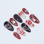 Valentine's Press-On Nail - Red, Black and White with Heart, Bunny & 3D Silver Detail in Medium Almond, Perfect gift for her or Valentine's - Image 3