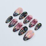 Neon Butterfly Press-On Nails - Black French Tip, Colorful Hearts, Glitter & Rainbow Details - Medium Almond, Perfect for Daily Wear or Gift - Image 5