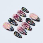 Neon Butterfly Press-On Nails - Black French Tip, Colorful Hearts, Glitter & Rainbow Details - Medium Almond, Perfect for Daily Wear or Gift - Image 3