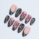 Neon Butterfly Press-On Nails - Black French Tip, Colorful Hearts, Glitter & Rainbow Details - Medium Almond, Perfect for Daily Wear or Gift - Image 2