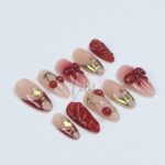 Elegant Cherry Press-On Nails - Red & Nude with 3D Bows, Gold Accents, Romantic Design - Medium Almond, Perfect Gift or Daily Nails - Image 3
