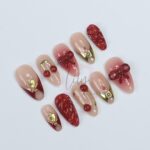 Elegant Cherry Press-On Nails - Red & Nude with 3D Bows, Gold Accents, Romantic Design - Medium Almond, Perfect Gift or Daily Nails - Image 4