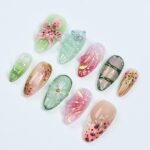 Press On Nail Florivibe Floral & Leaf Art | 3D Flower Fake Nail Medium Almond | Handmade Nature-Inspired Nail Art for Vacation, Party, Event - Image 4