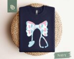 Labor and Delivery Nurse Sweatshirt,Mother Baby Nurse Shirt,Ob Nurse Stethoscope Bow Shirt,Postpartum Nurse Shirt,Maternity Nurse Shirt Gift - Image 2