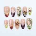 Press On Nails Rainfern Jungle & Floral Art | 3D Flower Fake Nails Medium Almond | Handmade Botanical Nail Art for Party, Vacation, Fashion