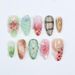 Press On Nail Florivibe Floral & Leaf Art | 3D Flower Fake Nail Medium Almond | Handmade Nature-Inspired Nail Art for Vacation, Party, Event
