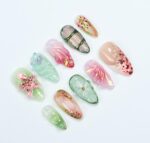 Press On Nail Florivibe Floral & Leaf Art | 3D Flower Fake Nail Medium Almond | Handmade Nature-Inspired Nail Art for Vacation, Party, Event - Image 5