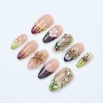 Press On Nails Rainfern Jungle & Floral Art | 3D Flower Fake Nails Medium Almond | Handmade Botanical Nail Art for Party, Vacation, Fashion - Image 3