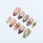 Press On Nails Rainfern Jungle & Floral Art | 3D Flower Fake Nails Medium Almond | Handmade Botanical Nail Art for Party, Vacation, Fashion - Image 4