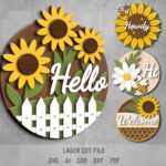 Sunflowers SVG Bundle. Laser cut file for Glowforge. Flowers, welcome, door hanger