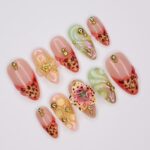 Handmade 3D Floral Press On Nail, Iridescent, Gold Accent, Jelly Effect, Custom Luxury Nail Art for Glamorous Look or Perfer Gift for Her - Image 2