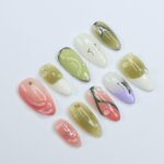 Green & Pink Almond Press-On Nails with 3D Bubbles, Metallic Stars, Gradient Design, Handmade Y2K Nail Set for a Trendy Look or Gift for Her - Image 3