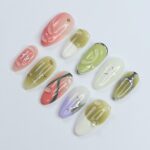 Green & Pink Almond Press-On Nails with 3D Bubbles, Metallic Stars, Gradient Design, Handmade Y2K Nail Set for a Trendy Look or Gift for Her - Image 2