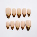 Tortoise French Tip Almond PressOn Nail With Gold Star & Moon Accents, Handmade Trendy Nail Set For Everyday Wear, Special Occasions, Gifts